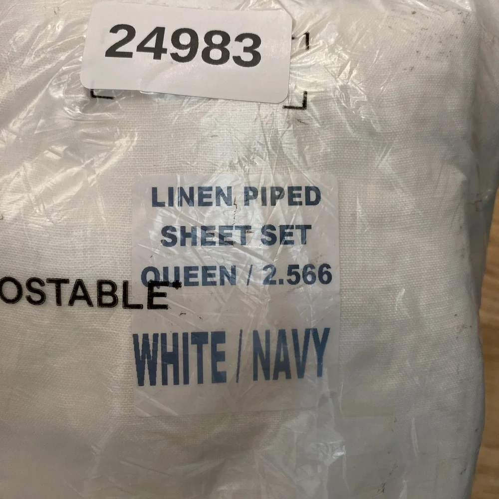 Quince European Linen Piped Sheet Set Queen Size White/Navy 4 Piece